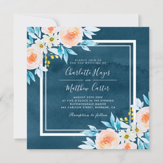 Elegante Navy Blue Waterverf Floral Square bruilof Kaart (Voorkant)