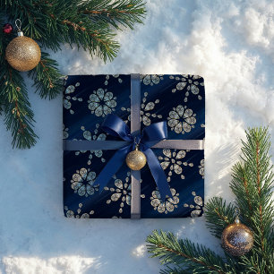 Elegante Navy Blue Waterverf Juwelen Sneeuwvlokken Cadeaupapier