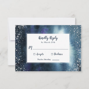 Elegante Navy Blue Waterverf Silver Glitter RSVP Kaartje