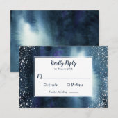 Elegante Navy Blue Waterverf Silver Glitter RSVP Kaartje (Voorkant / Achterkant)