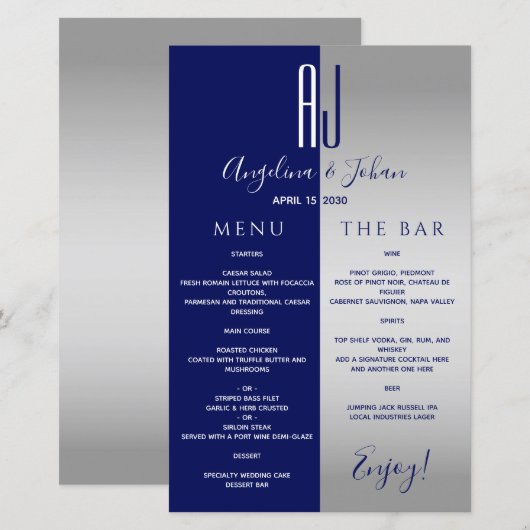 Elegante Navy Blue Wedding Bar Menu (Voorkant / Achterkant)