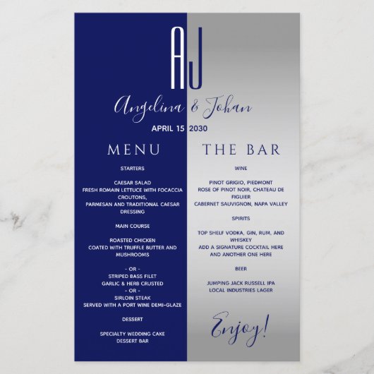 Elegante Navy Blue Wedding Bar Menu (Voorkant)
