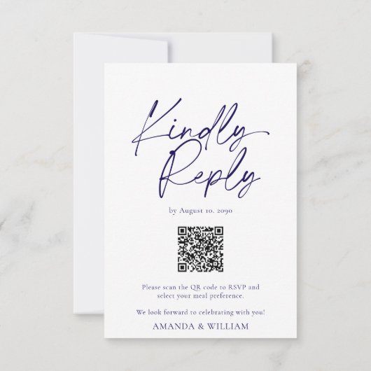 Elegante Navy Blue Wedding RSVP Kaart met QR-code (Achterkant)