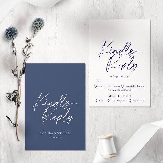 Elegante Navy Blue Wedding RSVP Kaart – vriendelij