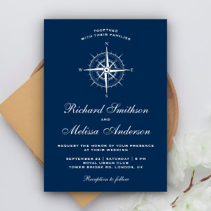 Elegante Navy Blue Witte Nautilus Kompas Trouwkaar Kaart
