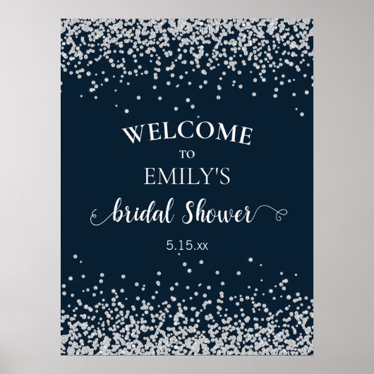 Elegante Navy Blue Zilveren Confetti Bruidsfeest Poster (Voorkant)