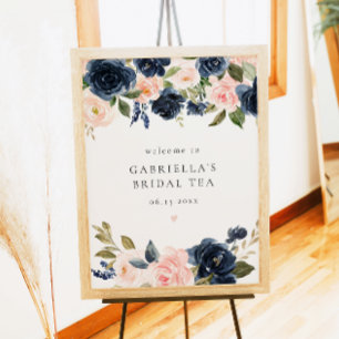 Elegante Navy Blush Bloemen Bruids Thee Welkom Poster