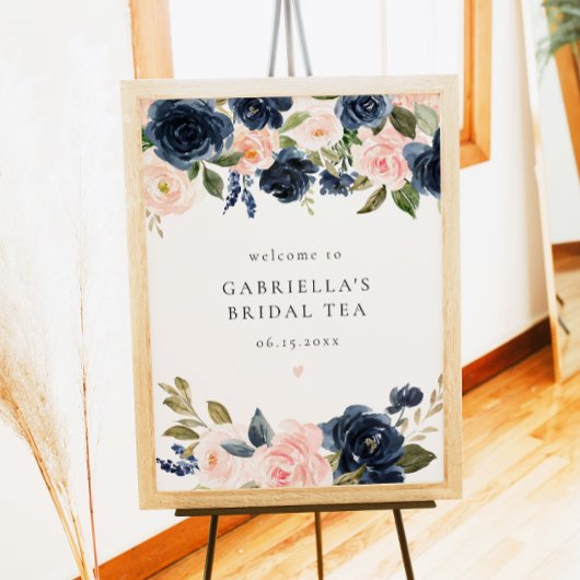 Elegante Navy Blush Bloemen Bruids Thee Welkom Poster