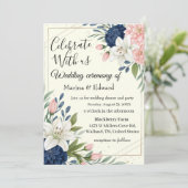 Elegante Navy Blush Bloemen Bruiloft Uitnodiging (Staand voorkant)