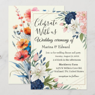 Elegante Navy Blush Bloemen Bruiloft Uitnodiging
