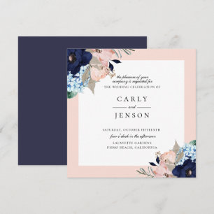 Elegante Navy + Blush Bloemen Huwelijksuitnodiging Kaart