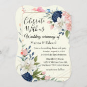 Elegante Navy Blush Bloemen Huwelijksuitnodiging Kaart (Voorkant / Achterkant)