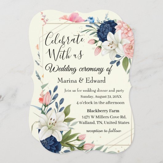 Elegante Navy Blush Bloemen Huwelijksuitnodiging Kaart (Voorkant / Achterkant)