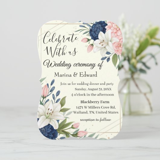 Elegante Navy Blush Bloemen Huwelijksuitnodiging Kaart (Staand voorkant)