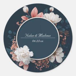 Elegante Navy & Blush Bloemen Rond Huwelijk Sticke Ronde Sticker