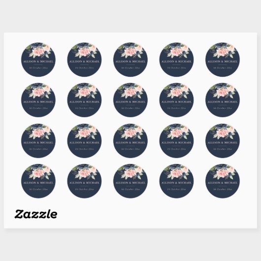 Elegante navy & blush bloemenbruiloft sticker (Vel)