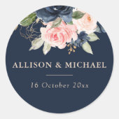 Elegante navy & blush bloemenbruiloft sticker (Voorkant)