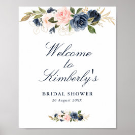 elegante navy & blush bruiloft feest welkom bord poster