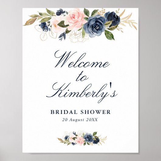 elegante navy & blush bruiloft feest welkom bord poster (Voorkant)