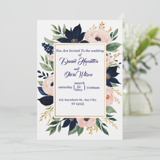 Elegante Navy & Blush bruiloft Kaart (Staand voorkant)