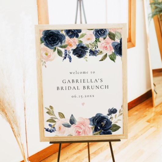 Elegante Navy Blush Floral Bridal Brunch Welkom Poster