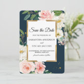 Elegante Navy & Blush Roze Bloemen Save The Date (Staand voorkant)