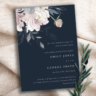 Elegante Navy Blush Waterverf Bloemen Bruiloft Kaart