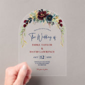 Elegante Navy bordeaux bloemen bruiloft boog Acryl Uitnodigingen (Insitu (Draagbaar))