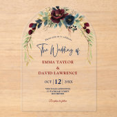 Elegante Navy bordeaux bloemen bruiloft boog Acryl Uitnodigingen (Voorkant)