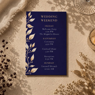 Elegante Navy Botanische Rand Trouwdag Informatiekaartje
