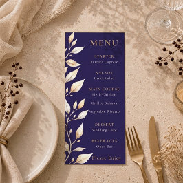 Elegante Navy Botanische Rand Trouwdag Menu