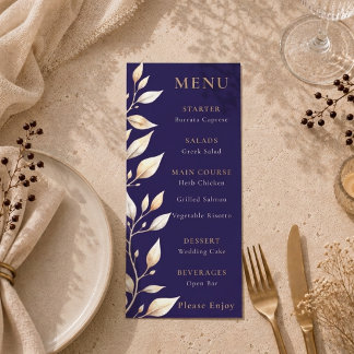 Elegante Navy Botanische Rand Trouwdag Menu