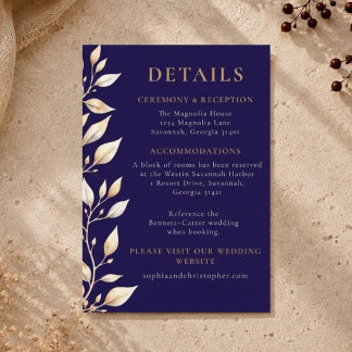 Elegante Navy Botanische Rand Trouwkaart Informatiekaartje