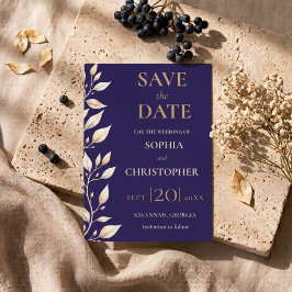 Elegante Navy Botanische Rand Trouwkaart Save The Date