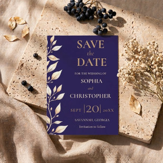 Elegante Navy Botanische Rand Trouwkaart Save The Date