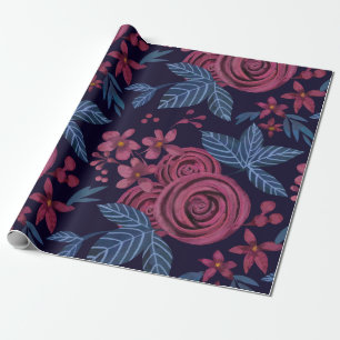 Elegante Navy Bourgogne Bloemen Watercolo Cadeaupapier