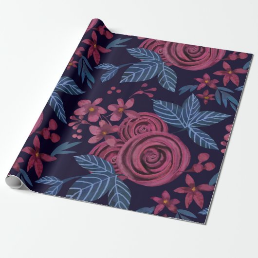Elegante Navy Bourgogne Bloemen Watercolo Cadeaupapier (Uitgerold)