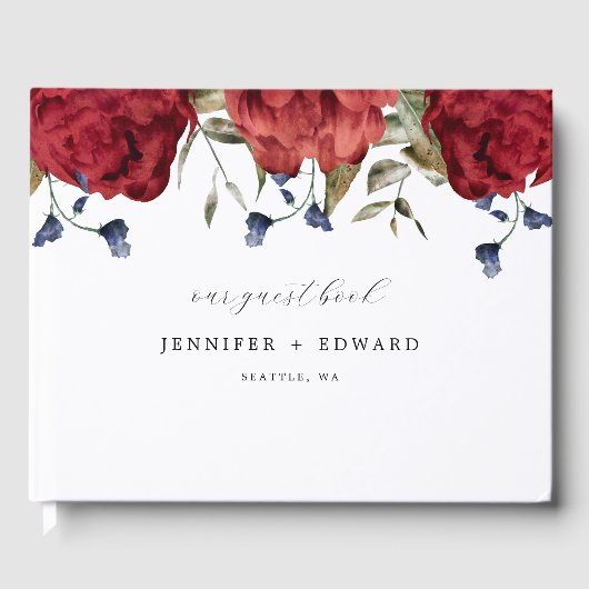 Elegante Navy Bourgondische Bloem Bruiloft Gastenboek (Voorkant)