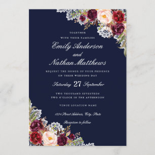 Elegante Navy Bourgondische Bloemrijke Kanten Trou Kaart