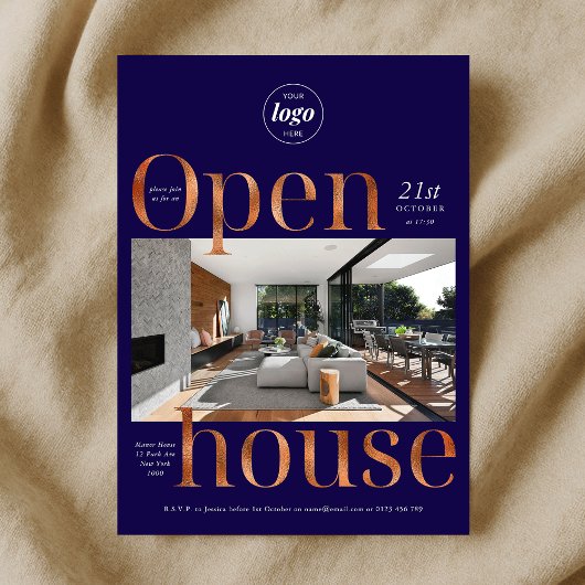 Elegante Navy Bronze Business Open House One Photo Kaart
