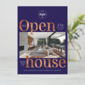 Elegante Navy Bronze Business Open House One Photo Kaart (Staand voorkant)