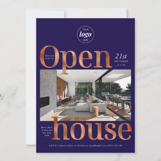 Elegante Navy Bronze Business Open House One Photo Kaart (Voorkant)