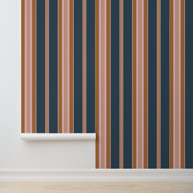 Elegante Navy Bruine Roze Ticking Streep Behang (Applicatie)