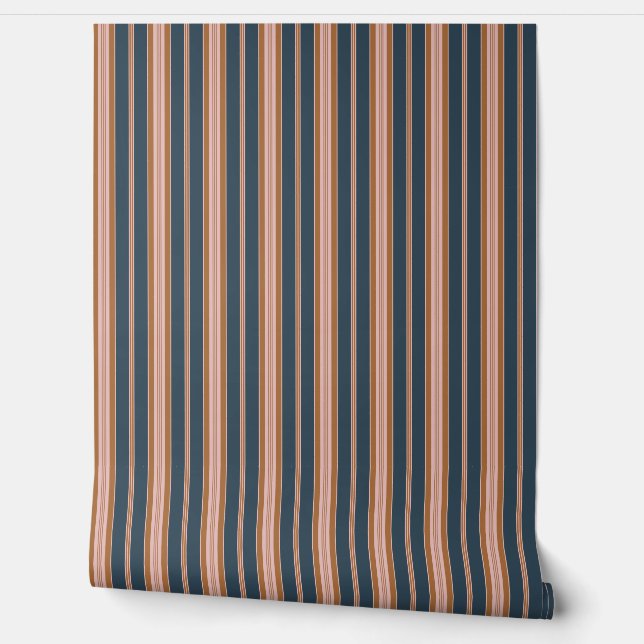 Elegante Navy Bruine Roze Ticking Streep Behang (Afrollen)