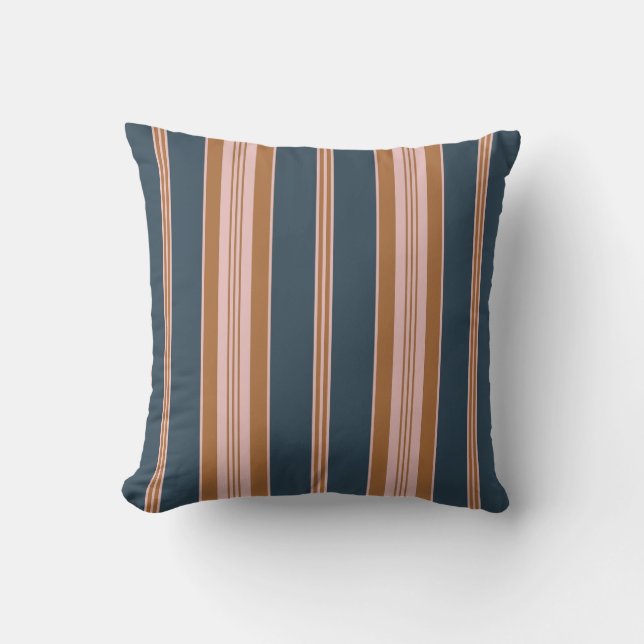 Elegante Navy Bruine Roze Ticking Streep Kussen (Voorkant)
