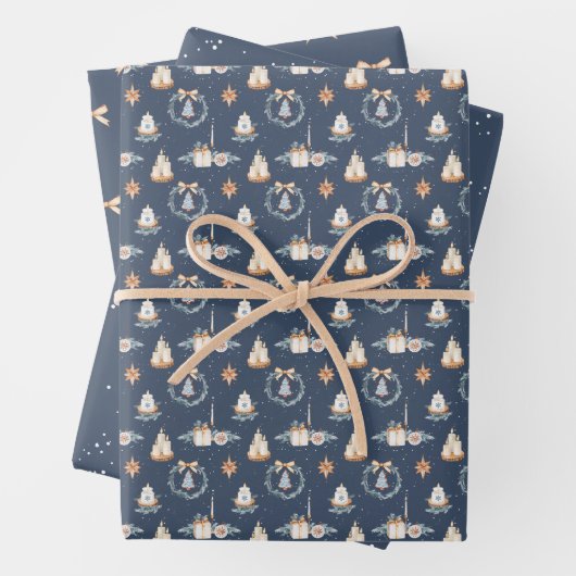 Elegante Navy Christmas Wrapping Paper Set (In situ)