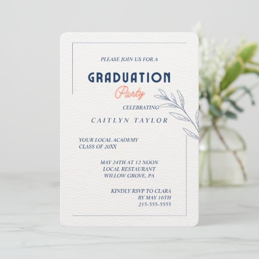 Elegante Navy & Coral Graduation Party Uitnodiging (Staand voorkant)