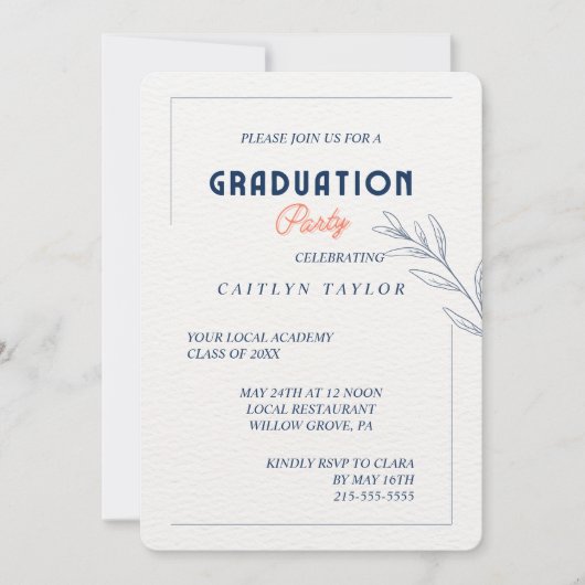 Elegante Navy & Coral Graduation Party Uitnodiging (Voorkant)