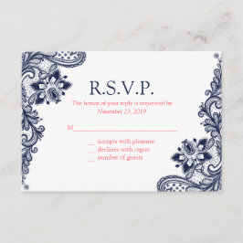 Elegante Navy & Coral Lace Wedding Response Kaarte RSVP Kaartje