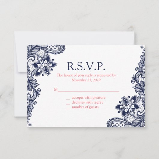 Elegante Navy & Coral Lace Wedding Response Kaarte RSVP Kaartje (Voorkant)